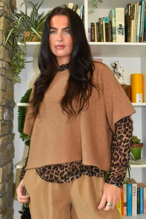 Tiby Funnel Neck Layering Top Leopard Camel